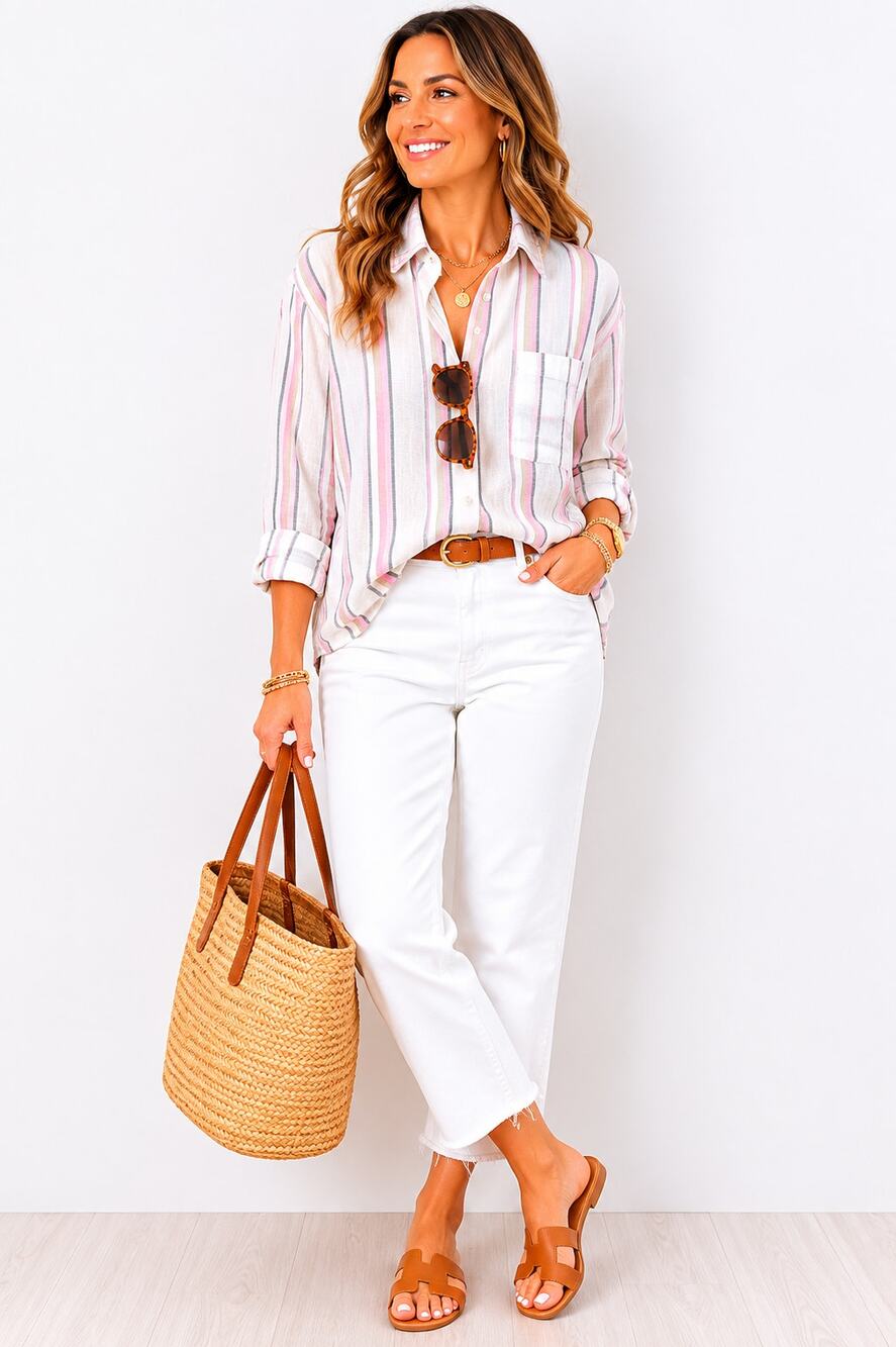 Gap Womens M Linen Blend Striped Button Down Shirt Pink Blue Coastal Preppy